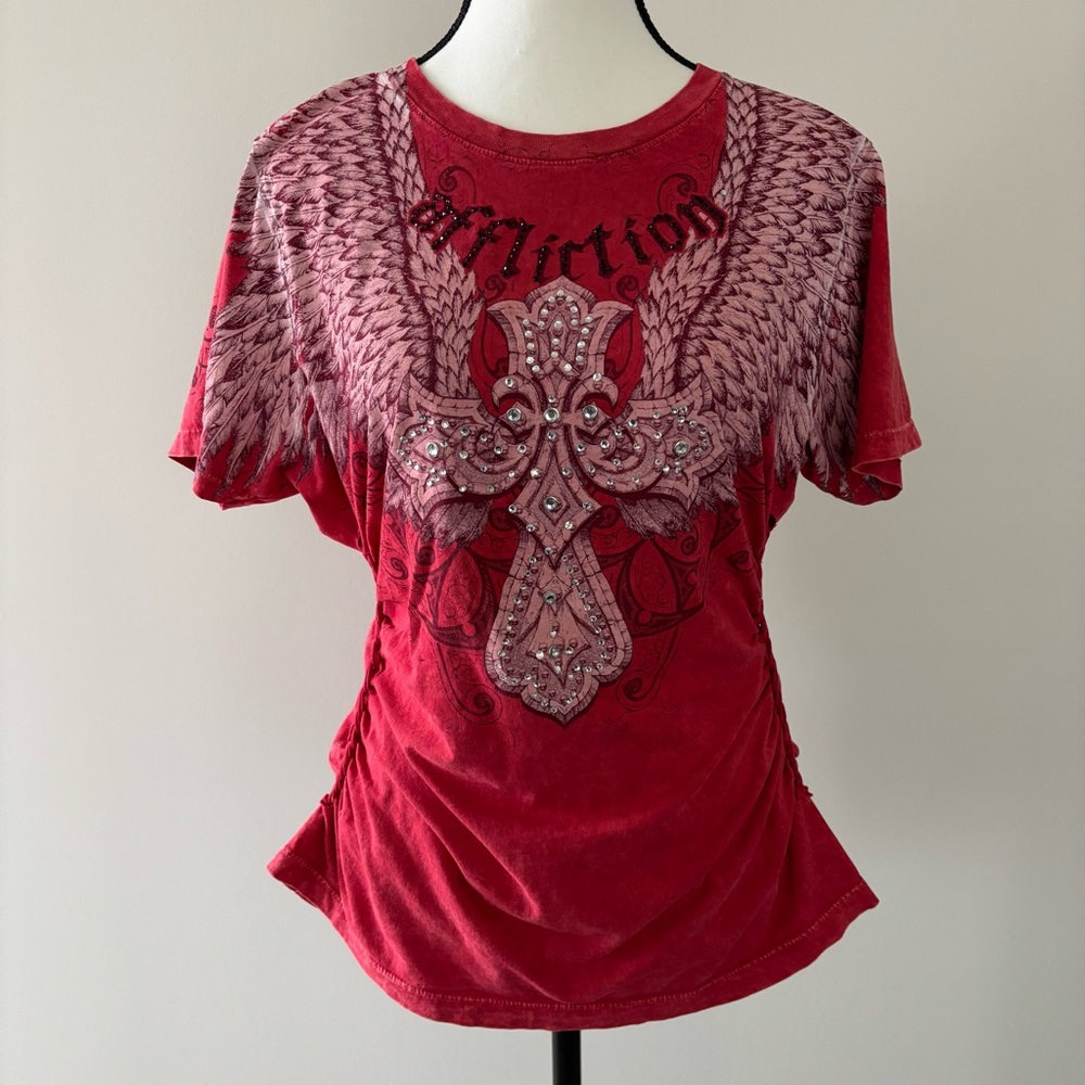 Affliction Women's Red Winged Cross Tee